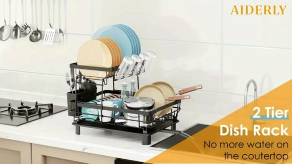 2-Tier Iron Bowl and Dish Drying Rack - Space-Saving Kitchen Counter Organizer with Knife Cup and Tableware Holder - Rust-Resistant Metal Construction for Easy Cleaning and Durability - 图片 13
