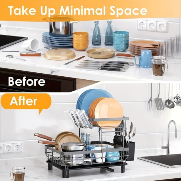 2-Tier Iron Bowl and Dish Drying Rack - Space-Saving Kitchen Counter Organizer with Knife Cup and Tableware Holder - Rust-Resistant Metal Construction for Easy Cleaning and Durability - 图片 8