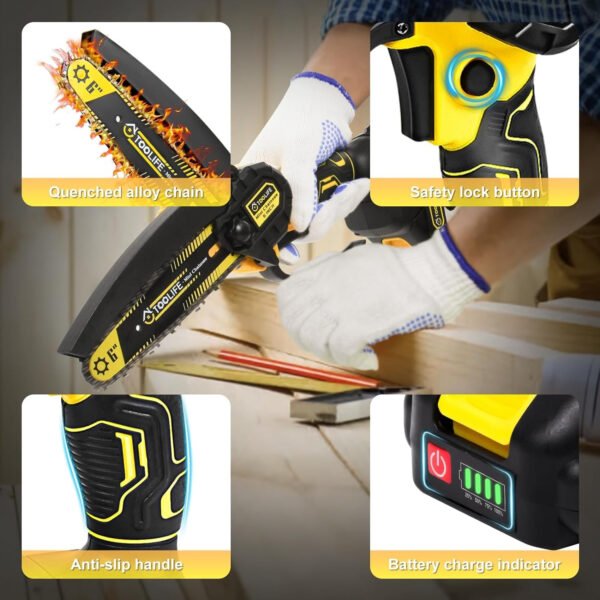 TOOLIFE 6-Inch Cordless Mini Chainsaw, Handheld Electric With Splash Guard And Safety Lock, Lightweight And Portable For Cutting Tree Branches And Wood In Courtyard And Garden. Ideal Gift For Men, Husband, And Dadperfect For Halloween And Christmas! - 图片 4