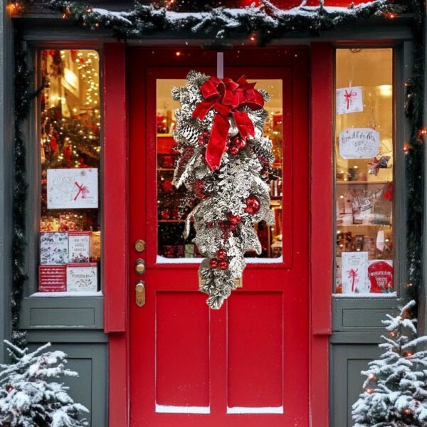 1pc Prelit Artificial Christmas Teardrop Swag, Christmas Swag Wreaths for Stair Railing Wall Window Xmas Decor with Pine Needles and Red Berries - 图片 3