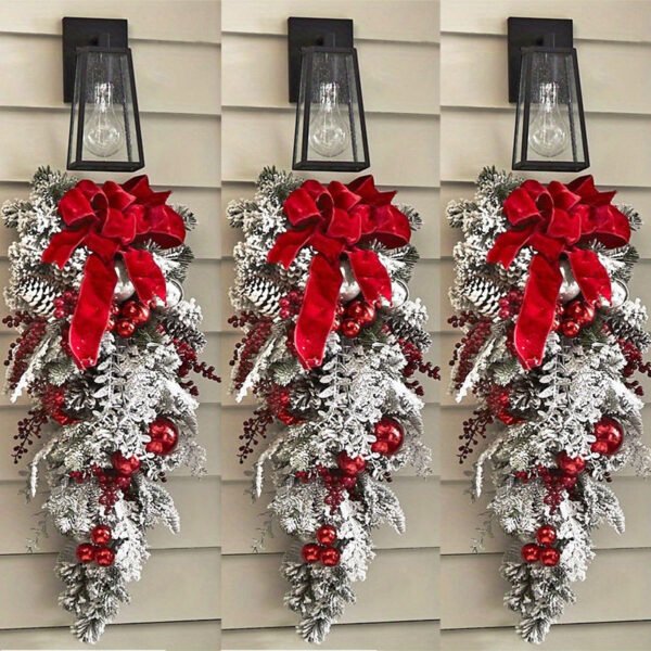 1pc Prelit Artificial Christmas Teardrop Swag, Christmas Swag Wreaths for Stair Railing Wall Window Xmas Decor with Pine Needles and Red Berries - 图片 8