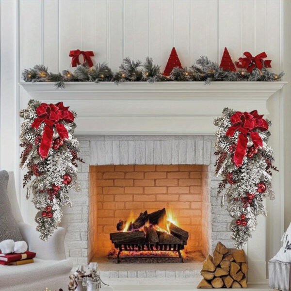 1pc Prelit Artificial Christmas Teardrop Swag, Christmas Swag Wreaths for Stair Railing Wall Window Xmas Decor with Pine Needles and Red Berries - 图片 5
