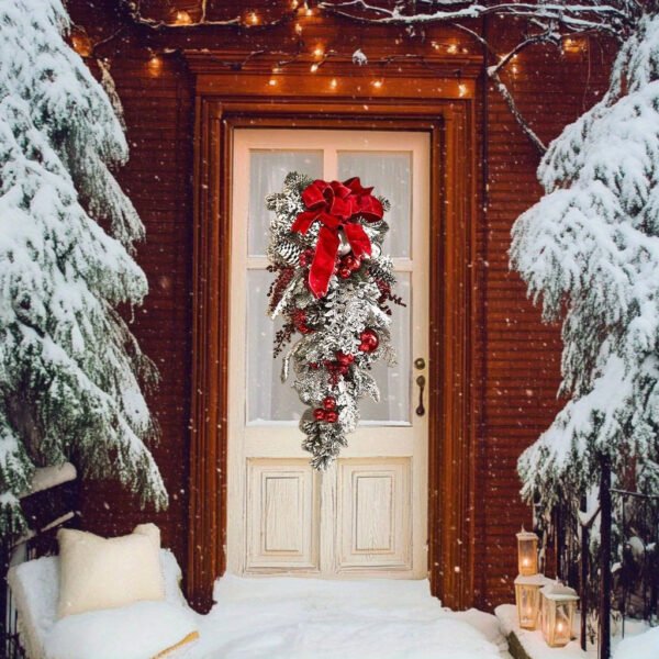 1pc Prelit Artificial Christmas Teardrop Swag, Christmas Swag Wreaths for Stair Railing Wall Window Xmas Decor with Pine Needles and Red Berries - 图片 2