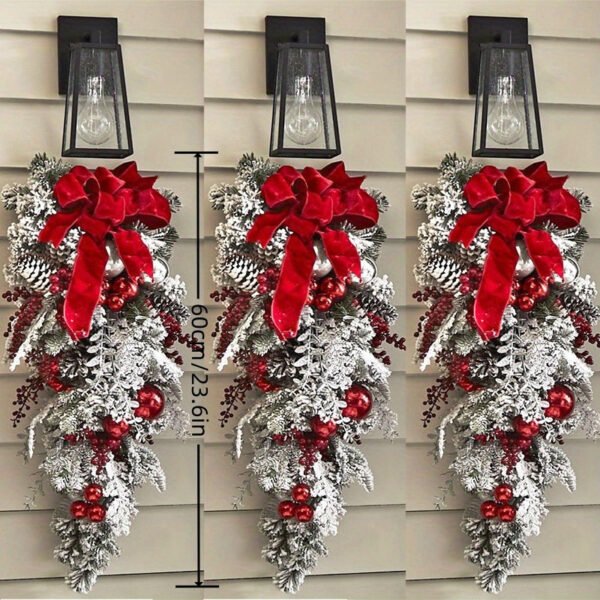 1pc Prelit Artificial Christmas Teardrop Swag, Christmas Swag Wreaths for Stair Railing Wall Window Xmas Decor with Pine Needles and Red Berries - 图片 6
