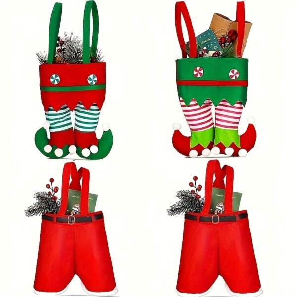 4pcs Christmas Candy Bags, Santa Pants Elf Boots Treat Sacks Handbags, Polyester, for Holiday Decorations, Christmas Party Favors, and Graduation Gifts - 图片 6