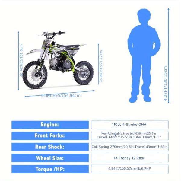 110cc 4-Stroke Gas Dirt Bike, X2 Green with 14"/12" Tires and 61x28x40 Inches Dimensions - 图片 7