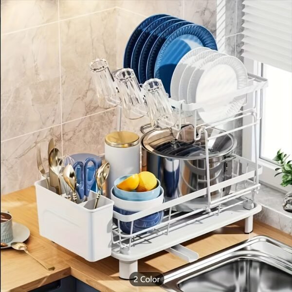 2-Tier Iron Bowl and Dish Drying Rack - Space-Saving Kitchen Counter Organizer with Knife Cup and Tableware Holder - Rust-Resistant Metal Construction for Easy Cleaning and Durability - 图片 5