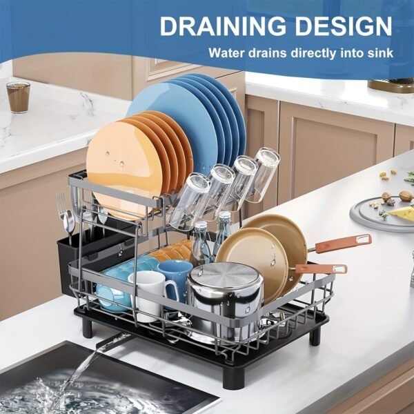 2-Tier Iron Bowl and Dish Drying Rack - Space-Saving Kitchen Counter Organizer with Knife Cup and Tableware Holder - Rust-Resistant Metal Construction for Easy Cleaning and Durability - 图片 7