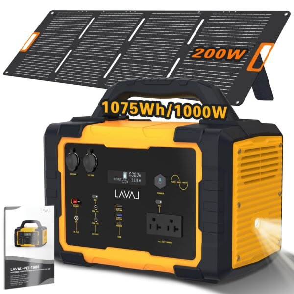 1000W(Peak 2000W)/1075Wh Portable Power Station With Foldable Solar Panel (200W), 1075Wh LiFePO4 (LFP) Battery, Fast Charging, Solar Generator Suitable For Family Emergency Outdoor Hunting Camping RV Trip