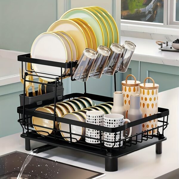 2-Tier Iron Bowl and Dish Drying Rack - Space-Saving Kitchen Counter Organizer with Knife Cup and Tableware Holder - Rust-Resistant Metal Construction for Easy Cleaning and Durability - 图片 3