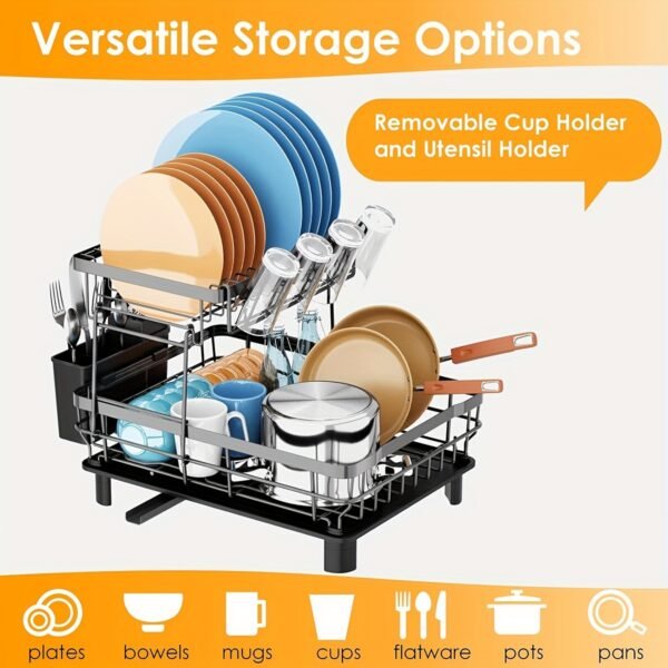 2-Tier Iron Bowl and Dish Drying Rack - Space-Saving Kitchen Counter Organizer with Knife Cup and Tableware Holder - Rust-Resistant Metal Construction for Easy Cleaning and Durability - 图片 2