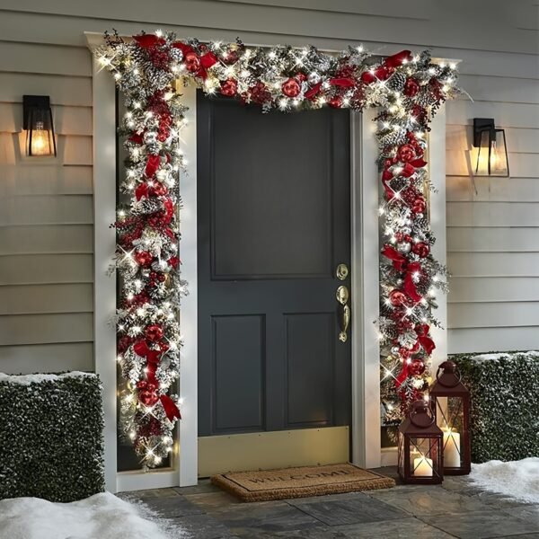 1pc Festive Christmas Garland Door Hanging - Artificial Snow Flocked Vine with Red Berries and Ornaments, Plastic and Rattan Holiday Wreath Decoration, No Feathers, Non-Electric