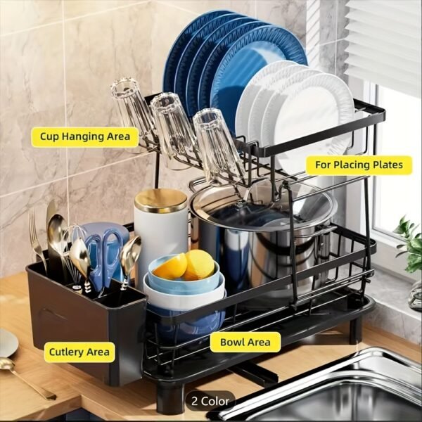 2-Tier Iron Bowl and Dish Drying Rack - Space-Saving Kitchen Counter Organizer with Knife Cup and Tableware Holder - Rust-Resistant Metal Construction for Easy Cleaning and Durability - 图片 11