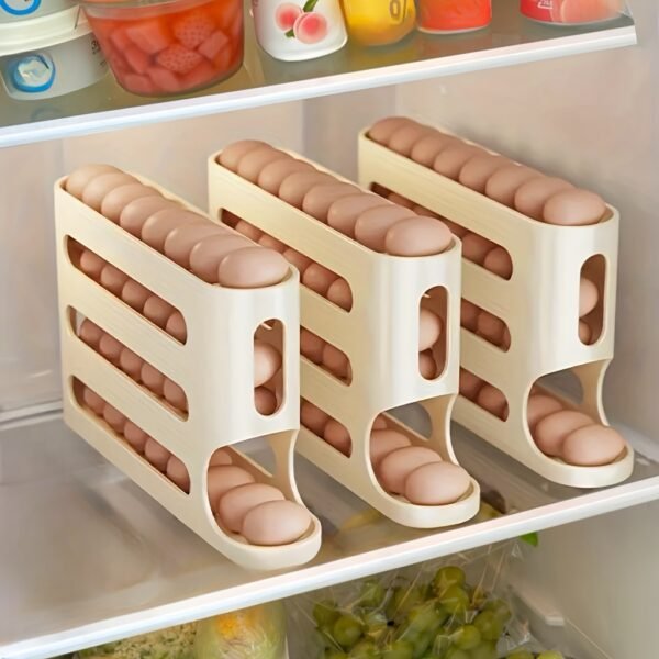 Large Capacity 4-Layer Automatic Rolling Egg Dispenser-Durable Pp Material, Refrigerator Side Door Storage Organizing Box - 图片 3