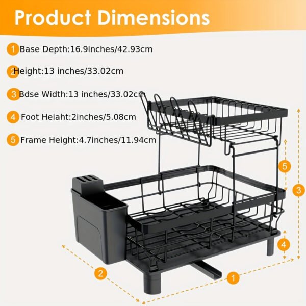 2-Tier Iron Bowl and Dish Drying Rack - Space-Saving Kitchen Counter Organizer with Knife Cup and Tableware Holder - Rust-Resistant Metal Construction for Easy Cleaning and Durability - 图片 4