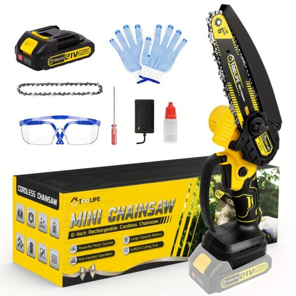 TOOLIFE 6-Inch Cordless Mini Chainsaw, Handheld Electric With Splash Guard And Safety Lock, Lightweight And Portable For Cutting Tree Branches And Wood In Courtyard And Garden. Ideal Gift For Men, Husband, And Dadperfect For Halloween And Christmas! - 图片 5