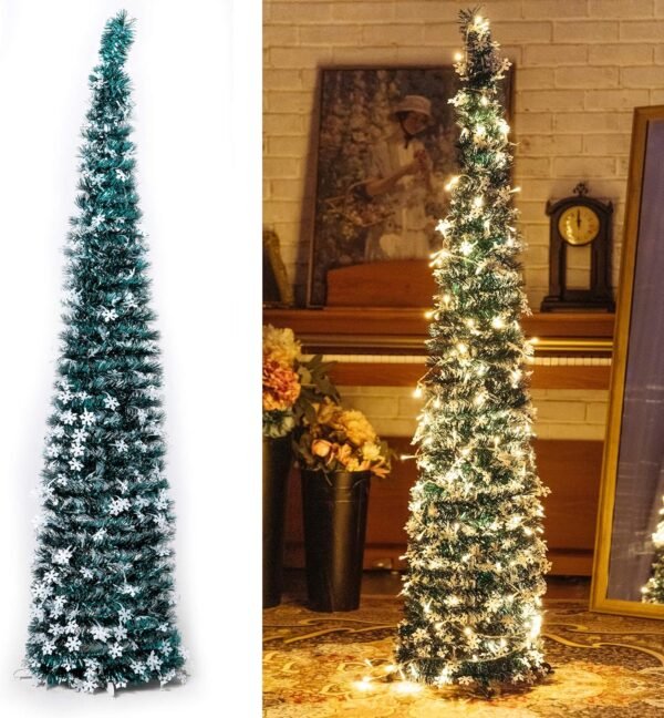 Pop-Up Artificial Christmas Tree with 100LED Lights,Collapsible Pencil Christmas Trees for Holiday Carnival Party Christmas Decorations (Green) - Image 2