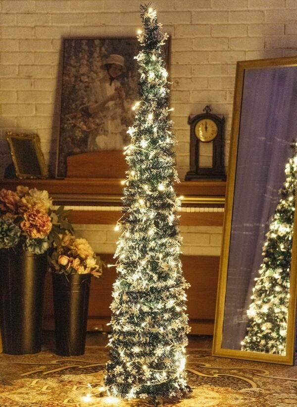 Pop-Up Artificial Christmas Tree with 100LED Lights,Collapsible Pencil Christmas Trees for Holiday Carnival Party Christmas Decorations (Green)